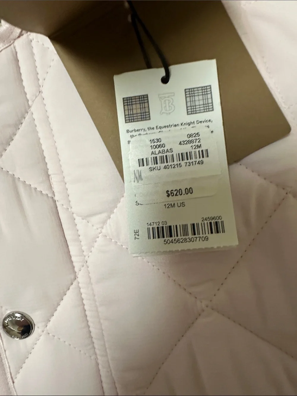 Burberry Light Pink Quilted Hooded Baby Jacket with Check Lining - NWT